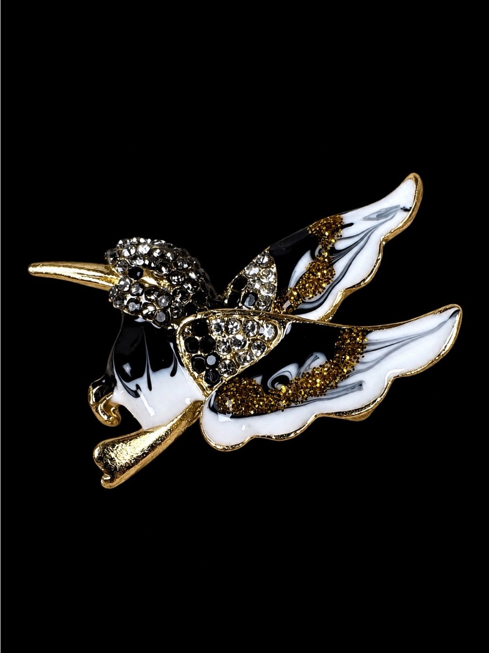 Chic Black, Gold, and White Bird Brooch